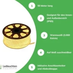 Aigostar LED Streifen 50m 8W 3000K Warmweiß IP65