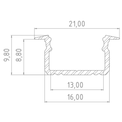 Aluminiumprofil 10mm - abgesenkt - L2020xB16xH9,8mm - Silber + Abdeckung matt