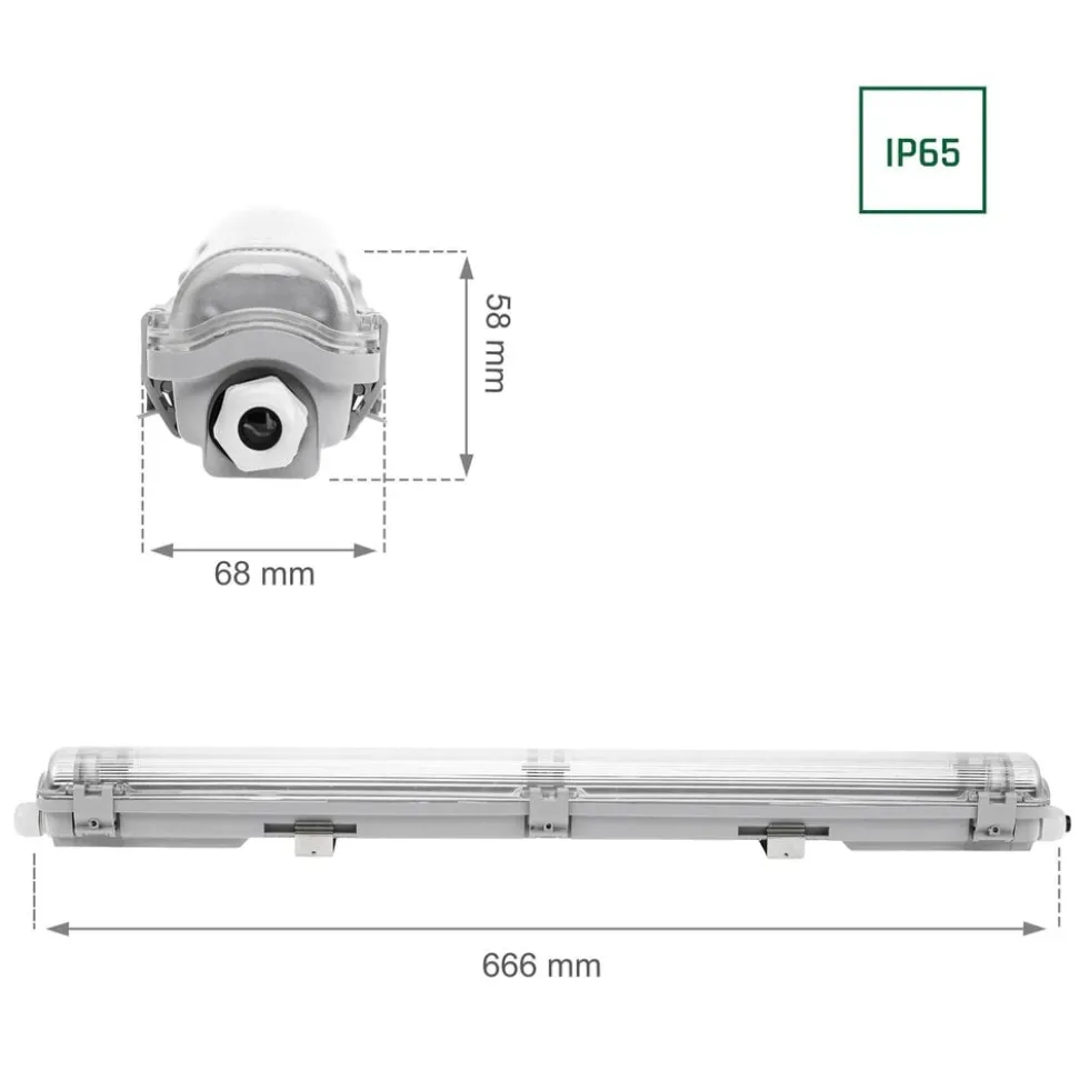 60cm LED Halterung IP65 + 1 LED High Lumen Leuchtstoffröhre 10W - 6000K 865 Tageslichtweiß - Komplettset