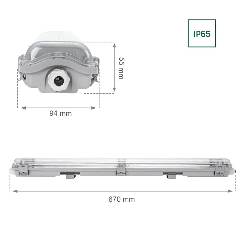 60cm LED Halterung IP65 + 2 Standard LED Leuchtstoffröhren 10W pro Röhre - 4000K 840 Neutralweiß - Komplettset