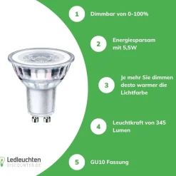 Dimmbar LED Spot GU10 PAR16 - 5,5W 280Lm - DTW 2200K-3000K Dim To Warm | Dimtone - wärmerer Lichtfarbton bei Dimmung 230V