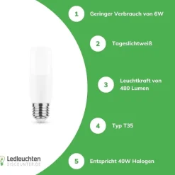 E27 LED Lampe - Type T35 - 6W entspricht 45W - 6000K Tageslichtweiß