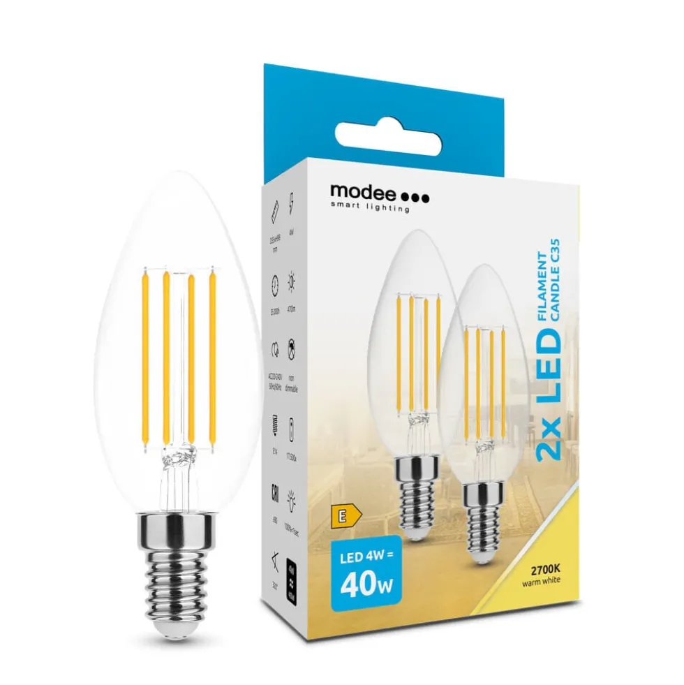 2er-Pack LED Fadenlampe Kerze - E14 C35 4W - 2700K Warmweiß