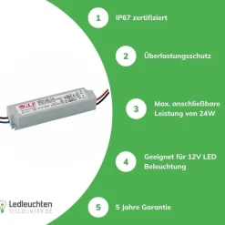 GLP LED Netzteil Transformator - 12V 24W 2A - geeignet für 12V LED Beleuchtung - IP67 wasserdicht