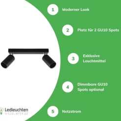 LED Deckenspot Mattschwarz - 2 verstellbare GU10 Fassungen für LED Spots - exkl. LED Spot
