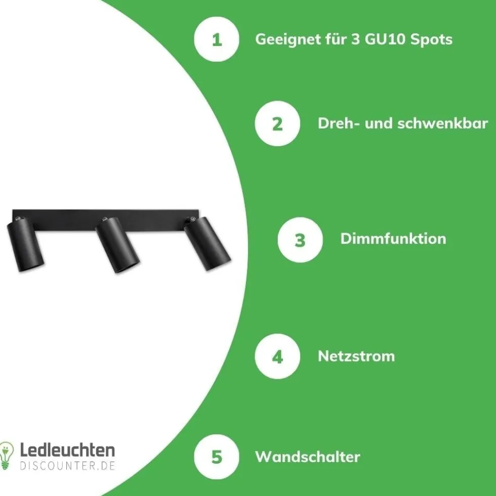 LED Deckenspot Mattschw. - 3 verstellbare GU10 Fassungen für LED Spots - exkl. LED Spot