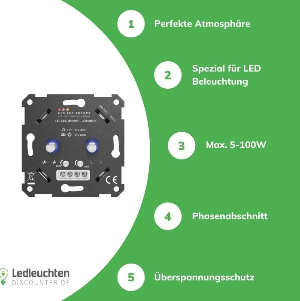 LED Dimmer DUO Einbau - 2x 5-100W - Universal Phasenabschnitt