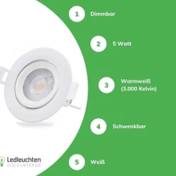 LED Einbaustrahler 90mm - 5W 480Lm - 3000K 830 Warmweiß | Lochmass 70mm - Schwenkbar | Triac Dimmbar - entspricht 50W