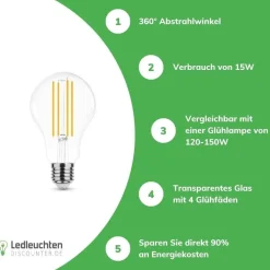 LED Fadenlampe dimmbar - E27 A70 15W - entspricht 125W - 2700K Warmweiß