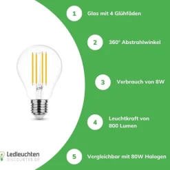 LED Fadenlampe - E27 A60 8W - entspricht 80W - 2700K Warmweiß