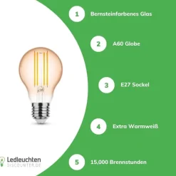 LED Fadenlampe E27 - A60 - 4W entspricht 33W - 1800K extra Warmweiß