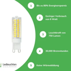 LED G9 - 8W entspricht 70W - 2700K Warmweiß -64x19 mm