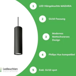 LED Hängeleuchte Madara Mini II GU10 Fassung – Pendel-Lampe Schwarz – 60x200mm – 1m Kabel – Maximale Länge 325mm