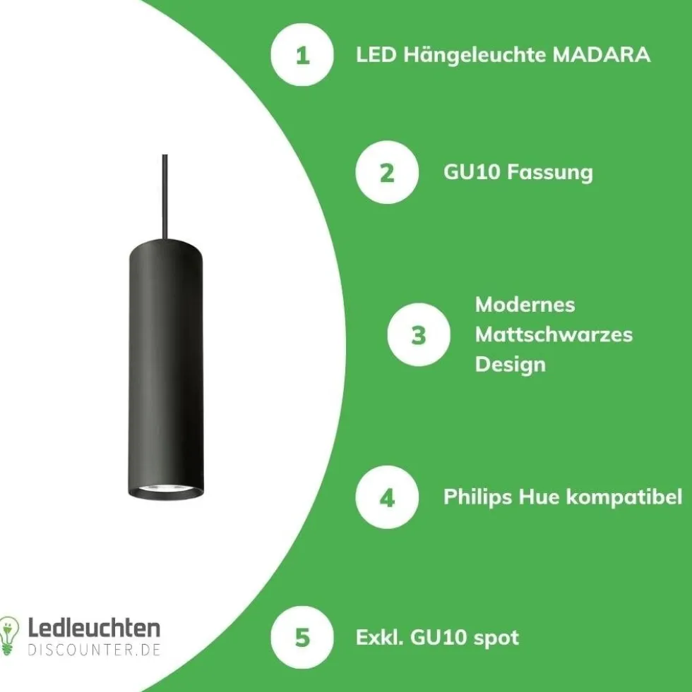 LED Hängeleuchte Madara Mini II GU10 Fassung – Pendel-Lampe Schwarz – 60x200mm – 1m Kabel – Maximale Länge 325mm