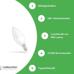 LED Kerzenlampe E14 C37 - 6W entspricht 46W - 6000K Tageslichtweiß