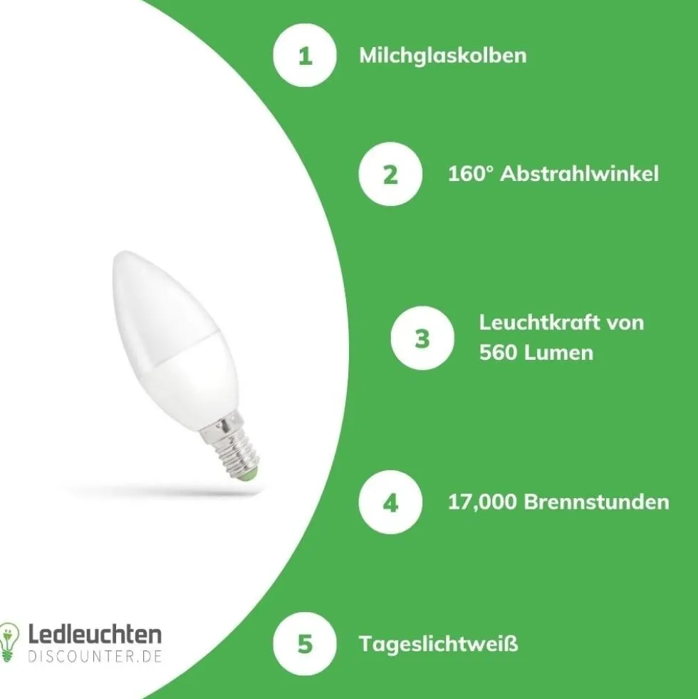 LED Kerzenlampe E14 C37 - 6W entspricht 46W - 6000K Tageslichtweiß