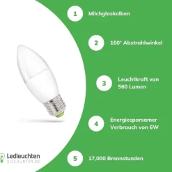 LED Lampe E27 - C37 - 6W entspricht 47W - 6000K Tageslichtweiß