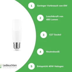 LED Lampe Stick - E27 T35- 6W entspricht 45W - 4000K Neutralweiß