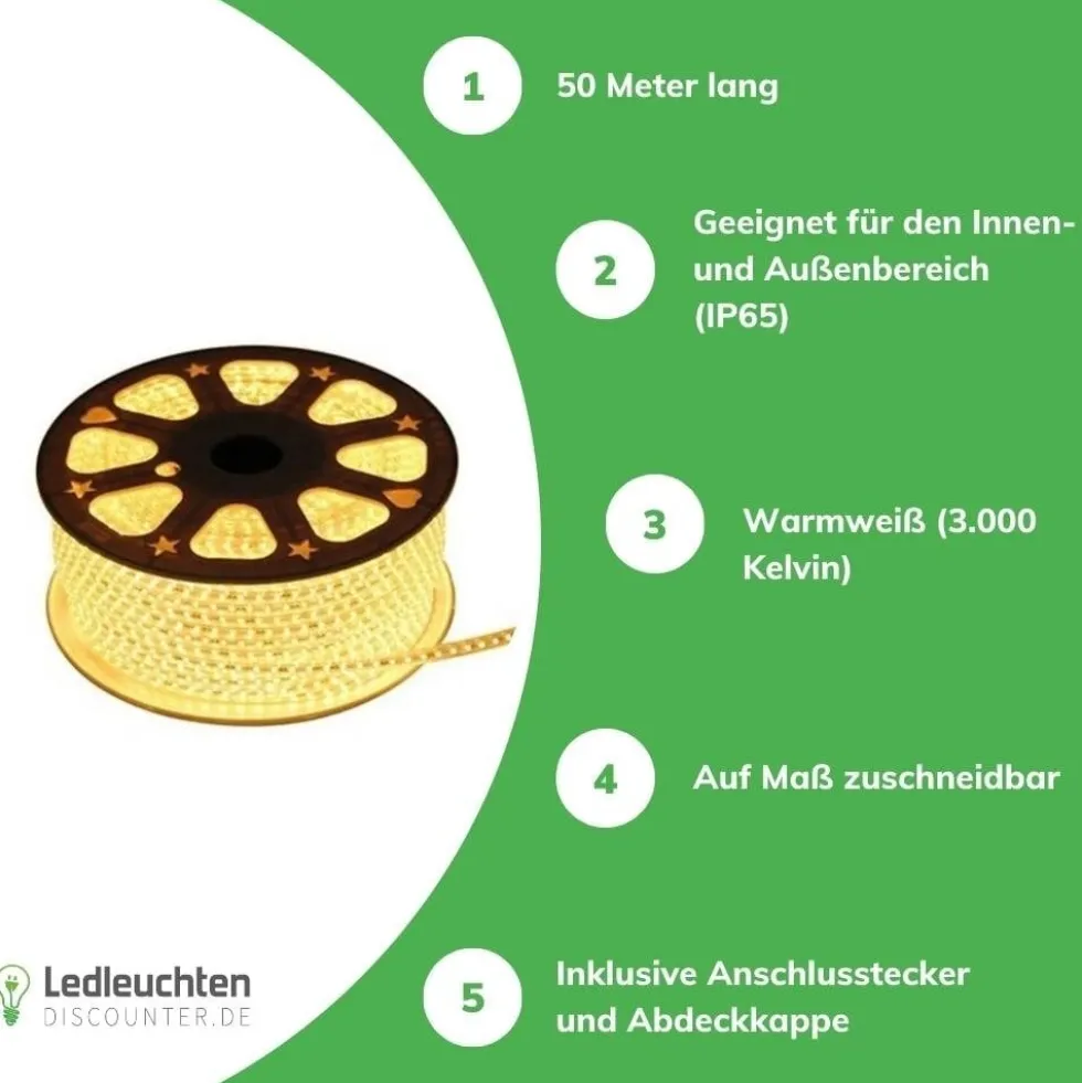 LED Lichtschlauch V2 11MM – 350W 25.000Lm – 3000K 830 Warmweiß | 50 Meter – Baustellenbeleuchtung – Plug & Play – 60 LEDs/m