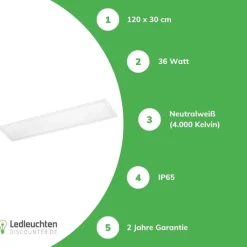 LED Panel - IP65 wasserdicht - Pro Slim Line - 120x30cm - 36W 4320Lm - 4000K 840 Tageslicht weiß | UGR22 Opalweiß - 5 Jahr Garantie