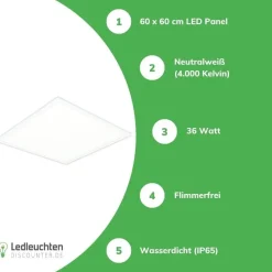 LED Panel - IP65 wasserdicht - 60x60cm - 4000K 830 - 36W 4320Lm - flimmerfrei