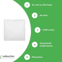 LED Panel 60x60cm Backlit - 40W 3600Lm - 4000K 840 - flimmerfrei - 3 Jahre Garantie