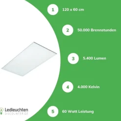 LED Panel 120x60cm - Pro Slim Line - 60W 7200Lm - 4000K 840 Neutralweiß | UGR22 Opalweiß - 5 Jahre Garantie