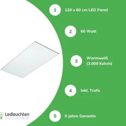 LED Panel 120x60cm - Pro Slim Line - 60W 7200Lm - 3000K 830 Warmweiß | UGR22 Opalweiß - 5 Jahre Garantie