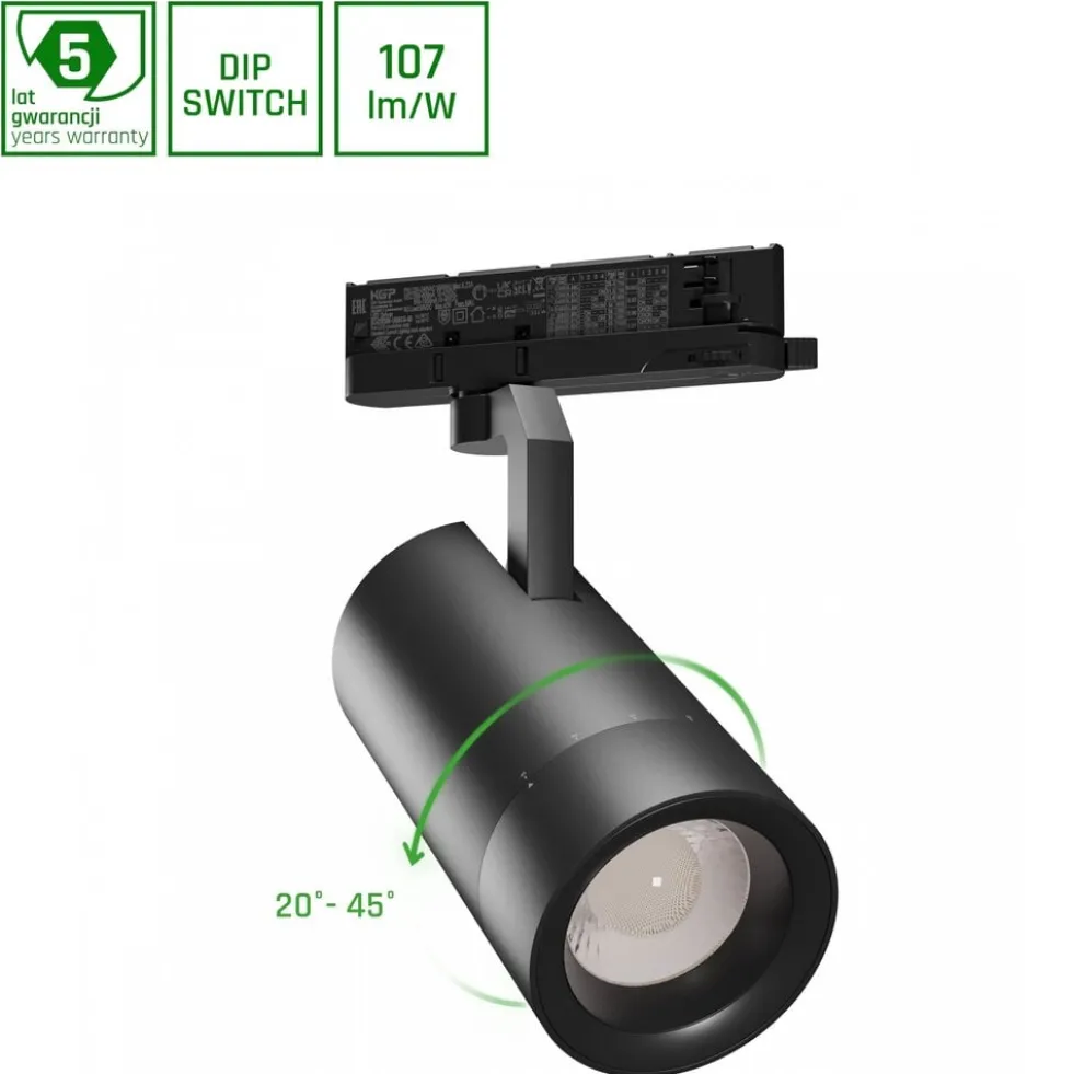LED 3-Phasen Stromschienenstrahler Pava 19-42W 1800-3200lm schwarz 20-45° Warmweiß 3000K