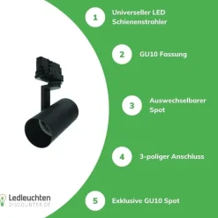 LED Schienenstrahler Austauschbarer Strahler Schwarz - GU10 Fassung