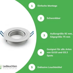 LED Spot Einbaurahmen für GU10 / MR16 - 75mm - weiß - rund - schwenkbar - Einbaugröße 92mm