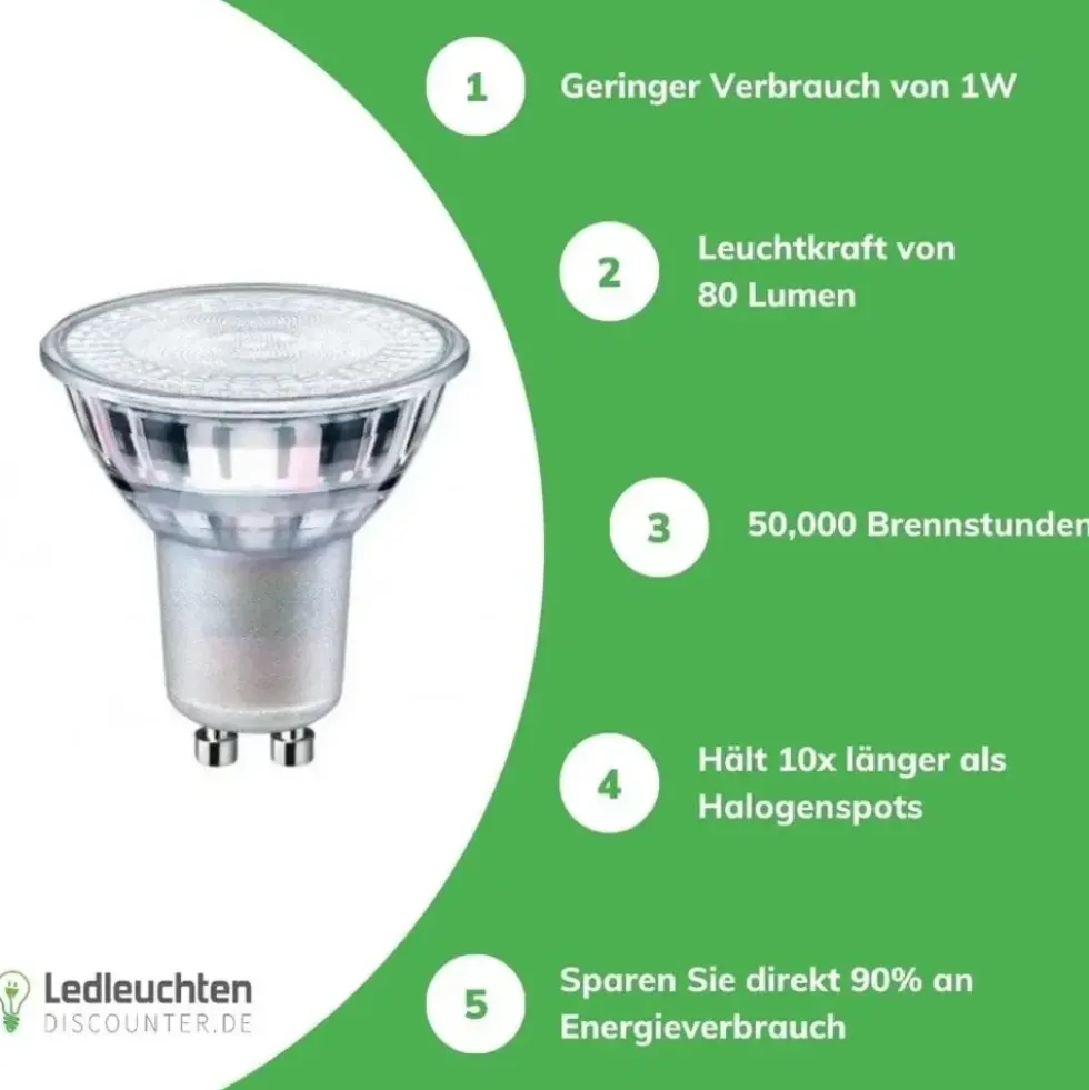 LED Spot GU10 - Glas - 1W 60Lm - 2700K Warmweiß | 120D Abstrahlwinkel - entspricht 10W
