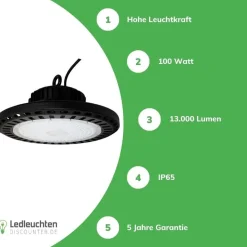 LED UFO Hallenstrahler - High Bay Hallenleuchte IP65 - 100W 15000 Lumen - 6000K 865 TagesLicht Weiss | 5Jahre Garantie