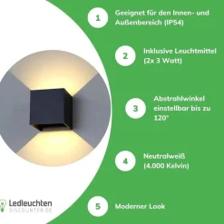 LED-Wandlampe IP54 - kubus Schwarz 2-flammig 6 W - 3000k warm Weiss