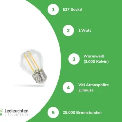 3-pack LED Fadenlampe G45 - E27 Sockel - 1W Filament - 3000K Warmweiß