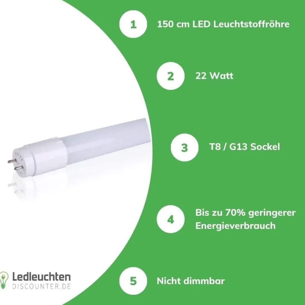 PRO LED Leuchtstoffröhre G13/T8 - 150cm - 6000K - 865 - Tageslichtweiß - 25W entspricht 58W - Pro High Lumen 100/140/170Lm pro Watt