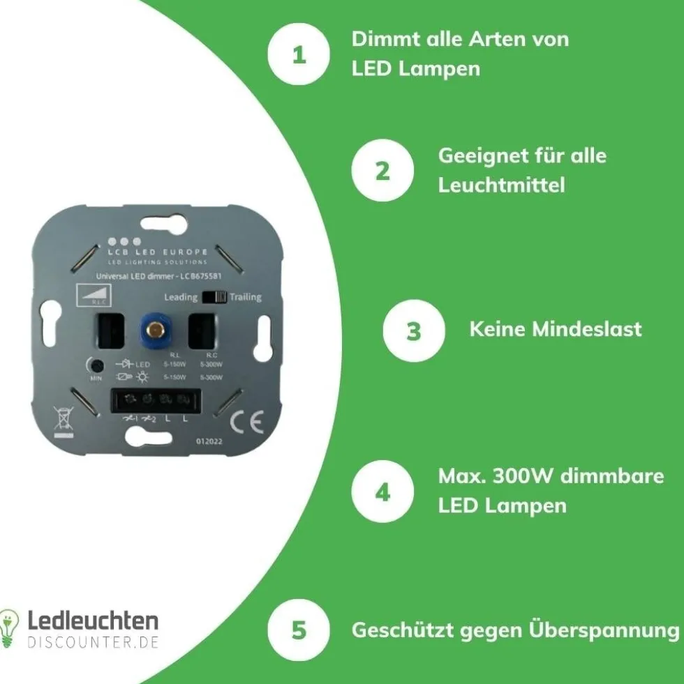 Unterputz LED Dimmer - Triac - max. 250 Watt - geeignet für Phasenan- und Phasenabschnitt