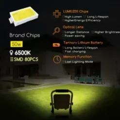 Wiederaufladbare LED-Arbeitsleuchte IP65 – 50 W, 1400 Lumen – 6500 K Tageslichtweiß – Bis zu 12 Stunden Betriebszeit
